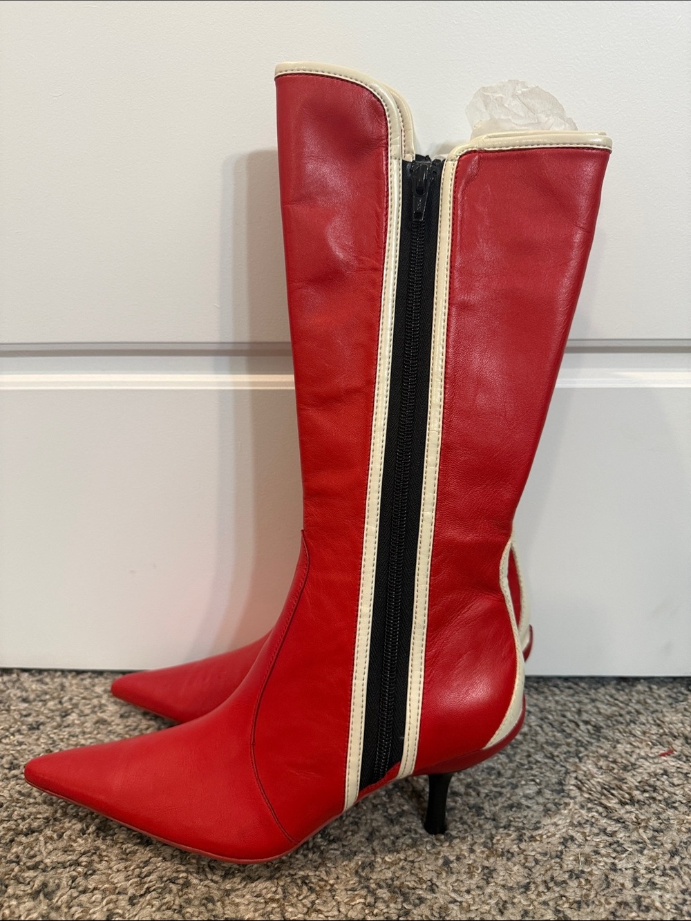 Y2K Vintage Fornarina vermillion boots Pointy Toe Kitten Heel Mid Calf Size 36